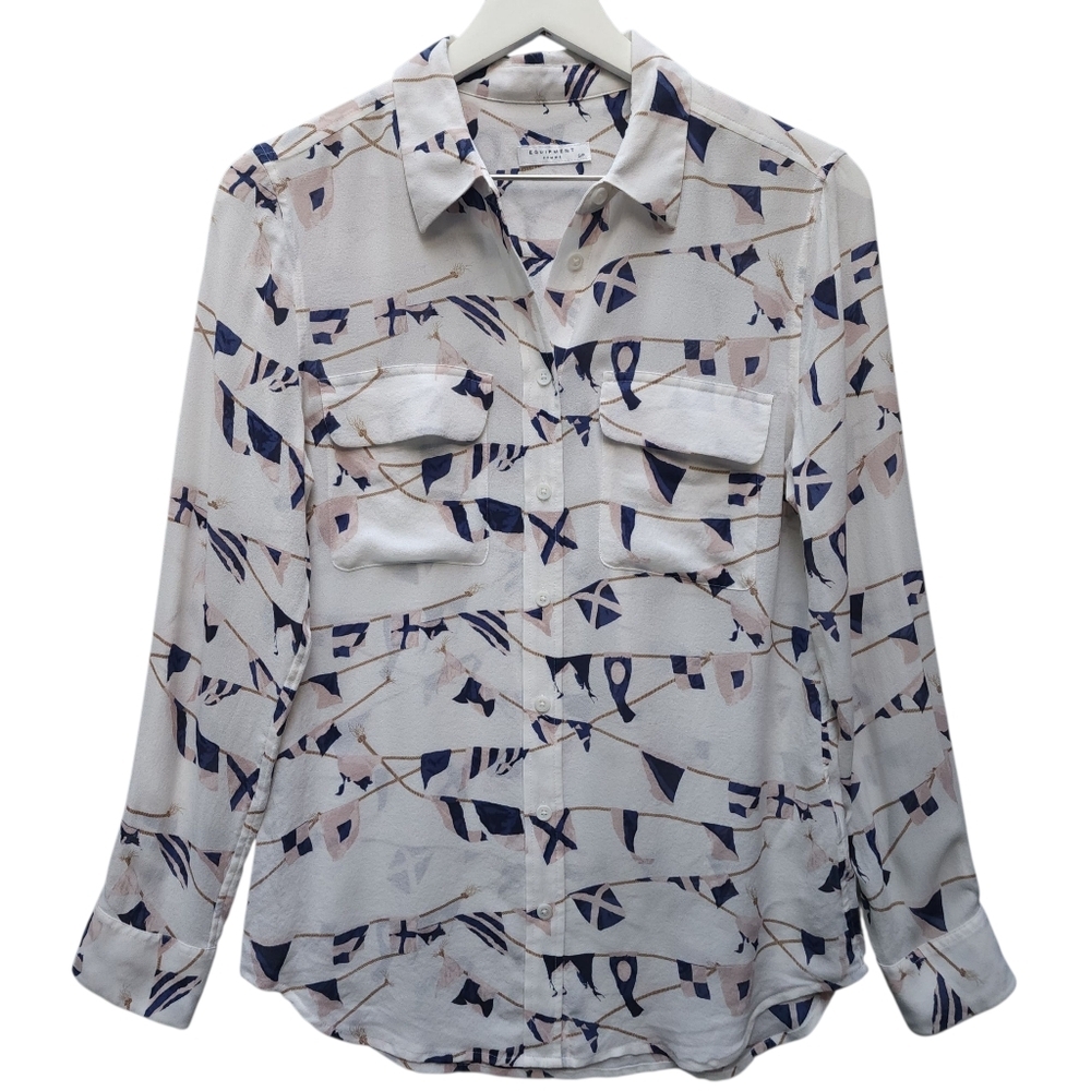 Equipment Femme Silk Geometric Patterned Button-Up Shirt In Ecru